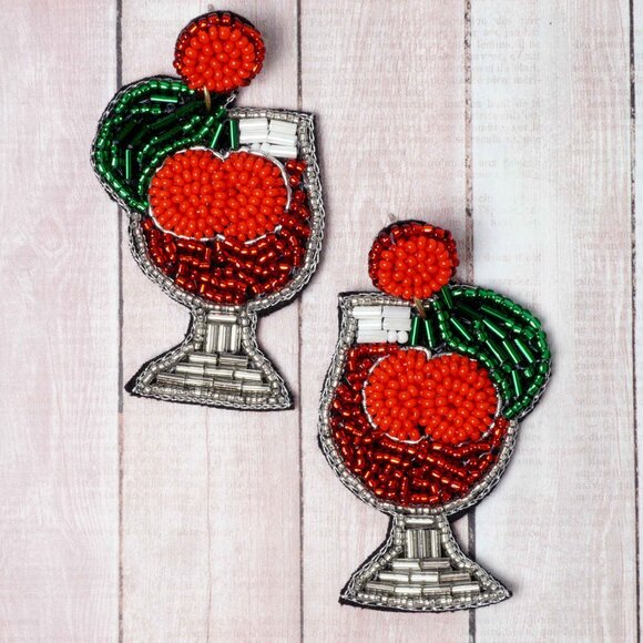 Cherry Cocktail Seed Beaded Statement Earrings NEW - Picture 1 of 3
